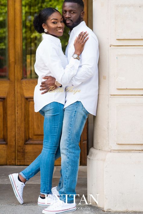 Couple Tracksuits Photoshoot, Denim And White Shirt Outfit, Outfit For Couples Photoshoot, Nigerian Pre Wedding Photoshoot, White Shirt Blue Jeans Couple Photoshoot, Outfits For Couples Photoshoot, Denim And White Outfits, Prewedding Outfit Ideas, Couple Outfit Photoshoot