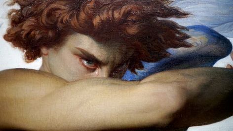 Lucifer painting. The quiet fury and resentment in his eyes, the tears for his loss, hands clasped together in an effort to control the intense emotions boiling inside while being scorned by the angelic bourgeoisie above... the first emo ever. Part 1 Alexandre Cabanel, Fallen Angel, Blue Eyes, A Man, A Woman, Angel, Red, Hair, Blue