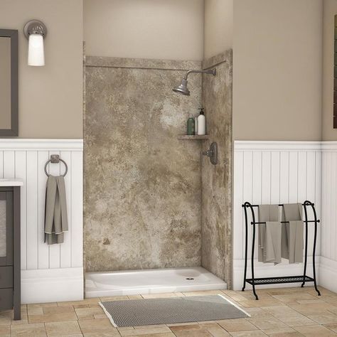 Flexstone Elegance 3 Mocha Travertine Panel Kit Shower Wall Surround (Common: 48-In X 36-In; Actual: 48-In X 36-In) Ssk4 Above Shower Surround Ideas, Bathroom Conversion, Shower Wall Kits, Restore Wood, Wall Material, Shower Wall Panels, Shower Walls, Shower Base, Tub And Shower