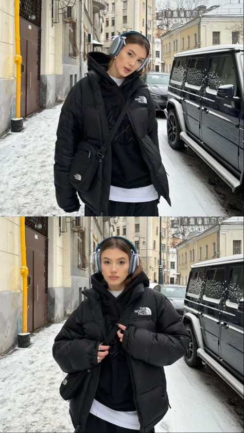 The North Face Winter Jacket, Montreal Outfit Winter, Northface Puffer Outfit, Big Puffer Jacket Outfit, Northface Jacket Outfits, Puffer Jacket Outfit Aesthetic, Black Puffer Outfit, The North Face Outfit, North Face Puffer Jacket Outfit