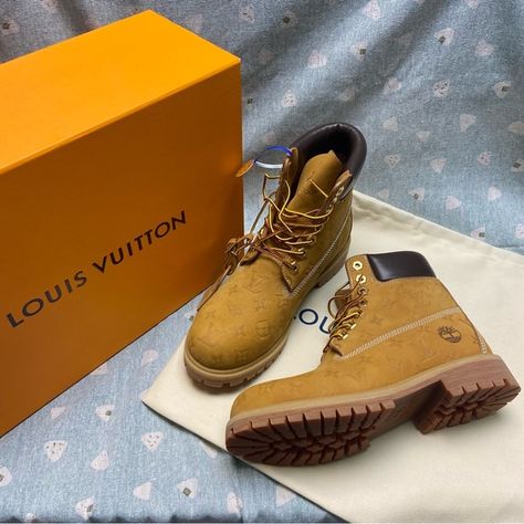 Louis Vuitton x Timberland Boot Louis Vuitton Timberland Boots, Timberland Boot, Timberlands Shoes, Timberland Mens, Timberland Boots, Boot Shop, Print Logo, Shoe Box, High Top