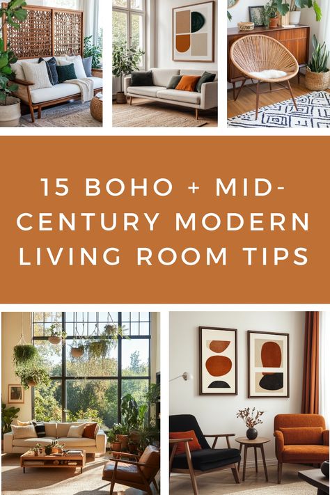 Combine boho and mid-century modern for a stunning living room with the help of these tips and decor ideas. How To Decorate Mid Century Modern, Mid Modern Interior Design, Mid Century Modern Living Room Tv, Coastal Mid Century Modern Living Room, Mid-century Modern Apartment Decor Ideas, Modern Indian Home Decor, Midcentury Living Rooms, Mid Century Modern Art Diy, Mcm Living Room Decor