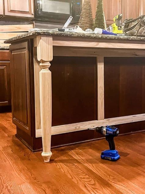 Kitchen Island Redo Diy Ideas, Kitchen Island Extension Ideas Diy, Wrap Island Kitchen, Island That Looks Like A Table, Adding Table To Kitchen Island, Small Kitchen Island Makeover, Granite Overhang Support, 2 Tone Kitchen Island, Island With Turned Posts