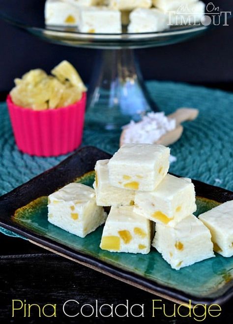 Pina Colada Fudge from MomOnTimeout.com So easy to make and one bite will take you to Pina Colada heaven! #fudge Homemade Pina Colada, Easy Tiramisu Recipe, Mom On Timeout, Pina Colada Recipe, Christmas Fudge, Candy Recipes Homemade, Fudge Recipe, Protein Shake Recipes, Fudge Sauce