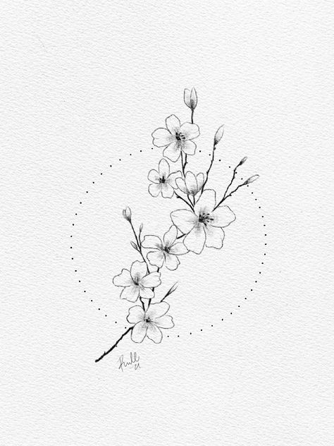 Pretty Line Art Drawings, Star Magnolia Tattoo, Japanese Cherry Blossom Tattoo Fine Line, Fine Line Cherry Blossom Tattoo Design, Sakura Fine Line Tattoo, Fineline Cherry Blossom Tattoo, Black And Grey Cherry Blossom Tattoo, Sakura Tattoo Black And White, Cherry Blossom Line Tattoo