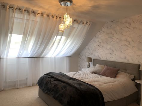 Bedroom Velux Windows, Curtains For Attic Windows, Attic Bedroom Curtains, Attic Window Curtains, Velux Windows Bedroom, Marble Wall Paper, Loft Windows, Attic Windows, Velux Windows