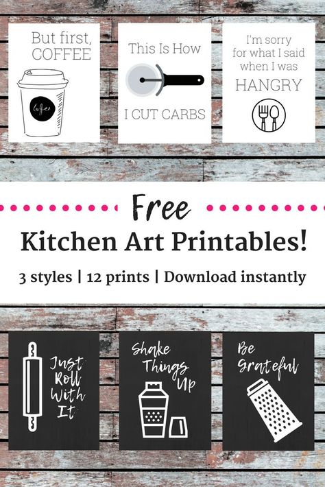 Add a little pizazz to your kitchen with these free kitchen printables! There are 12 different options for you to download and print out! | kitchen wall décor | kitchen wall art | food printables | #decor #kitchen #printable #newhome #diyproject Free Kitchen Printables, Kitchen Printables Free, Kitchen Printables, Kitchen Wall Art Printables, Wall Collage Decor, Rustic Country Kitchens, Art Printables, Trendy Kitchen, Print Out