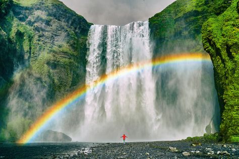 Iceland waterfall travel nature famous tourist destination. Skogafoss waterfall with rainbow and woman under water fall in magical landscape popular Europe attraction. Waterfall Captions, Waterfall Quotes, Gullfoss Waterfall, Iceland Map, Seljalandsfoss Waterfall, Skogafoss Waterfall, Iceland Itinerary, Thingvellir National Park, South Iceland