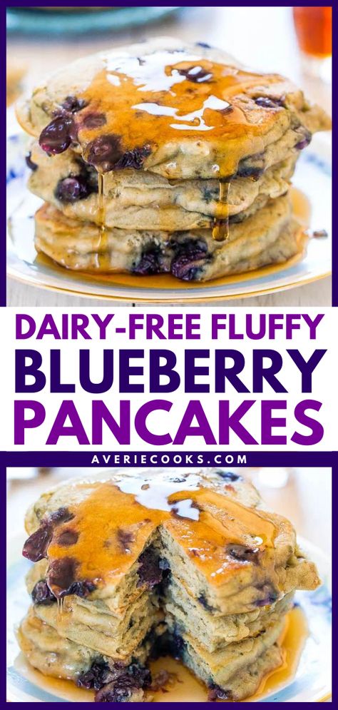 Fluffy Dairy-Free Pancakes Recipe - Averie Cooks Summer Brunch Party, Healthier Pancakes, Recipe With Almond Milk, Almond Milk Pancakes, Summer Breakfast Ideas, Blueberry Pancakes Easy, Dairy Free Pancake Recipe, Healthy Blueberry Pancakes, Milk Pancakes