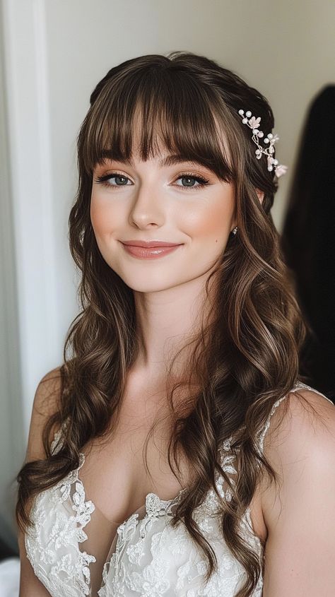 💁 Fashion-Forward Half Up Curls wedding hairstyles half up half down bangs Inspiration 🎭 Wedding Half Up Half Down With Headpiece, Half Up Half Down With Bangs, Curls Wedding Hairstyles, Half Up Half Down Bangs, Shayla Wedding, Medium Length With Bangs, Bangs Inspiration, Half Up Curls, Essential Hair Products