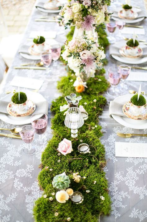 Visit the post for more. Spring Wedding Tablescapes, Moss Wedding, Secret Garden Parties, Garden Party Theme, Whimsical Wedding Decorations, Wedding Decor Inspiration, Tea Party Garden, Fairy Parties, Long Table