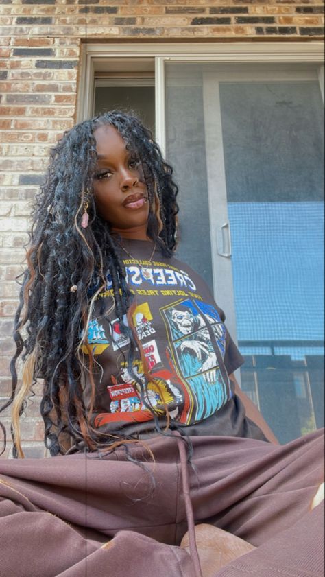 Locs With Tinsel, Curled Faux Locs, Layered Boho Locs, Messy Goddess Locs, Locs And Curly Hair, Curly Hair With Dreadlocks, Bohemian Locs With Curls, Boho Locs With Bangs, Boho Locs With Color