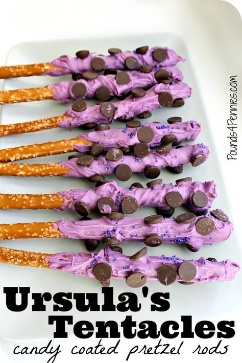 These are so awesome for a Disney Villains party. How fun to make candy coated pretzel rods look like Ursula's tentacles! Also great for a Little Mermaid birthday party. Coated Pretzel Rods, Disney Villains Party, Descendants Party Ideas Birthdays, Disney Villain Party, Disney Descendants Party, Villains Party, Ariel Birthday Party, Descendants Party, Ocean Theme Party