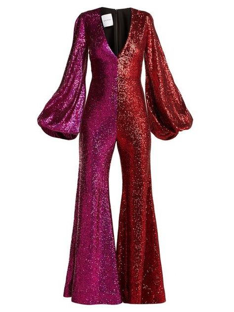 Halpern’s ready-to-wear offering has swiftly reached cult status and this pink and red sequinned tulle jumpsuit illustrates why. It's made in the UK for a slim fit with a plunging V-neckline and oversized bell sleeves – dramatic details the founder developed when at Versace – then falls to wide, flared legs. Heighten the retro disco-ready feel by styling it with stiletto heels and statement earrings. Tulle Jumpsuit, Moda Disco, Look Disco, Disco Fashion, Mode Hippie, Soul Train, 70s Disco, Pink Jumpsuit, Disco Outfit