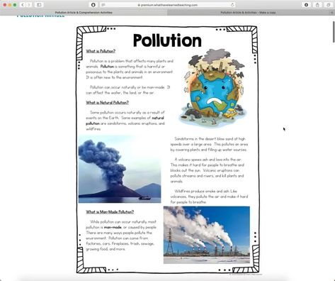 Pollution Article & Comprehension Activites Types Of Pollution, Causes Of Air Pollution, Pollution Poster, Articles Activities, Activities For Elementary Students, Expository Writing, Reading Comprehension Passages, Comprehension Passage, Argumentative Essay