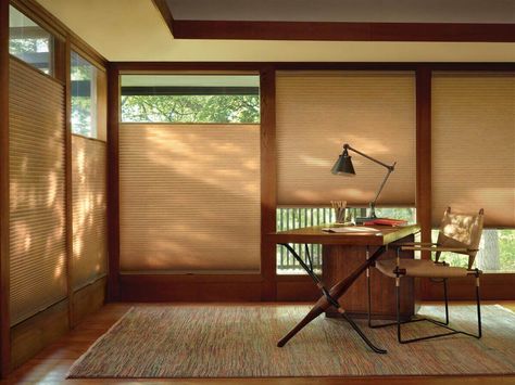 top down bottom up honeycomb shades Craftsman Home Office, Hunter Douglas Blinds, Honeycomb Shades, Blinds Design, House Blinds, Cellular Shades, Hunter Douglas, Wood Blinds, Craftsmen Homes