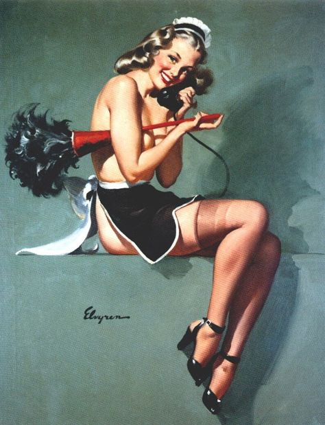 Vintage Pin Up Girl, Pinup Vintage, Gil Elvgren, Pin Up Posters, Pinup Art, French Maid, Calendar Girls, Retro Pin Up, On The Phone