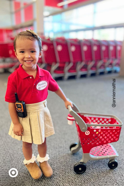 Get your little ones dressed as a Target store manager. Put together a cute costume for them—beige skort, a red polo & boots. Don’t forget the walkie & their mini carts for all their floor rounds. Target Halloween Costume, Target Employee Costume, Target Costume, Halloween Costume Toddler Girl, Polo Boots, Target Store, Toddler Girl Halloween, Target Halloween, Target Kids