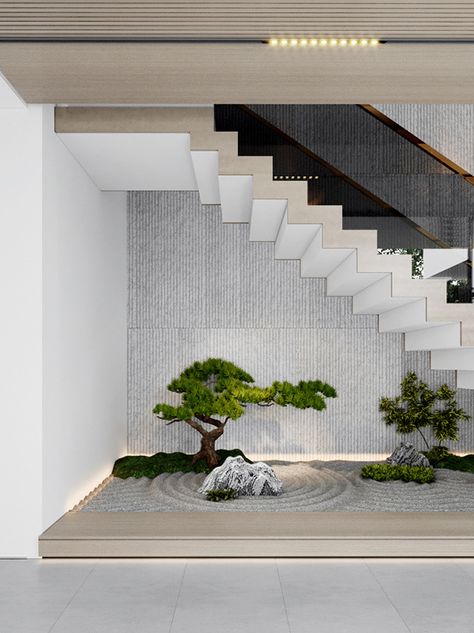 Landscaping Under Stairs, Zen Garden Interior Design, Under Stair Garden Indoor, Japanese Staircase Design, Zen Garden Under Stairs, Staircase Landscape Design, Zen Garden In House, Under Stairs Plants Ideas, Landscape Under Staircase