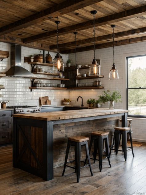 Rugged Kitchen Design, Rustic Industrial Decor Kitchen, Rustic Luxe Kitchen, Industrial Farmhouse Barndominium, Rustic Chic Kitchen Ideas, 1850s Kitchen, Industrial Rustic Kitchen, Rustic Kitchen Island Ideas, Antique Crockery