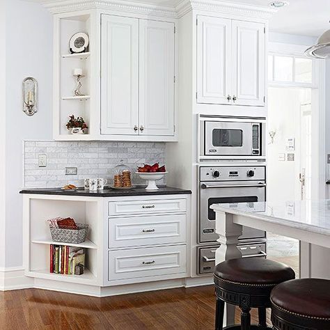 angled end of the wall cabinets guild people towards the door Kitchen Corner Shelves, White Kitchen Remodeling, Kitchen Remodel Before And After, Kitchen Corner, Elegant Kitchens, Kitchen Remodeling Projects, Kitchen Remodel Ideas, Trendy Kitchen, Kitchen Redo