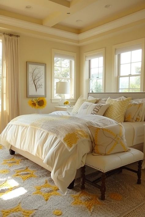 25 Yellow Bedroom Ideas That Will Give Your Space a Major Energy Boost Sunflowers Bedroom Ideas, Sunflower Inspired Bedroom, Soft Yellow Bedroom Walls, Yellow Walls Room Decor, Bedrooms With Yellow Walls, Yellow Wall Bedroom Ideas Decor, Yellow Rooms Ideas, Light Yellow Bedroom Ideas, Bedroom Ideas Yellow Walls