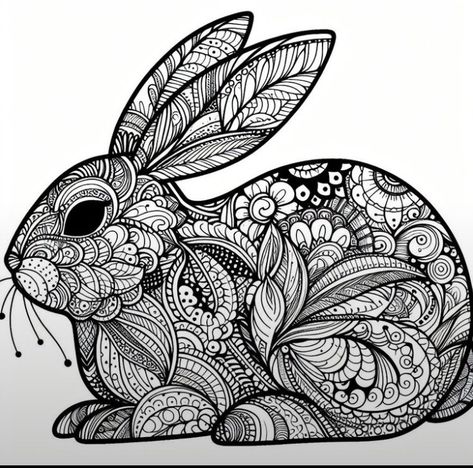 Bunny Zentangle Art, Rabbit Mandala Art, Zentangle Animals Easy, Rabbit Zentangle, Bunny Mandala, Rabbit Doodle, Zentangle Animals Art, Zentangle Coloring Pages, Doodle Animals