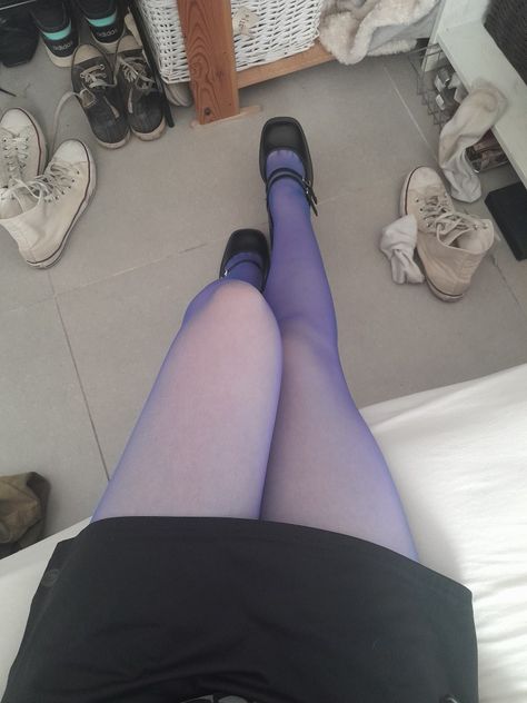 Purple Pantyhose Outfit, Light Blue Tights Outfit, Blue Stockings Outfit, Purple Stockings Outfit, Blue Tights Aesthetic, Trendy Fitted Purple Tights, Purple Tights Outfit, Purple Tight Thigh High Hosiery, Blue Tights Outfit