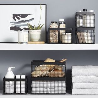 Enjoy free shipping on all purchases over $75 and free in-store pickup on the Design Ideas Black Wire Grid Storage Bins at The Container Store. These super-strong stacking baskets also happen to be super-cute so they can be displayed anywhere in your home. They're made of steel with a gridded design that keep contents viewable, and their integrated handles make everything easy to move. A reinforced frame adds strength and stability. Beach House Storage, Stacking Basket, Wire Bins, Decorative Storage Boxes, Integrated Handles, Fabric Storage Bins, Wicker Baskets Storage, Plastic Storage Bins, Sink Design