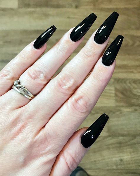 Solid Black Acrylic Nails Coffin, Long Coffin Black Nails, Medium Length Coffin Acrylic Nails Black, Long Black Acrylics, Coffin Nails Black, Coffin Black Nails, All Black Acrylic Nails, Black Acrylic Nails Coffin, Classy Black Nails