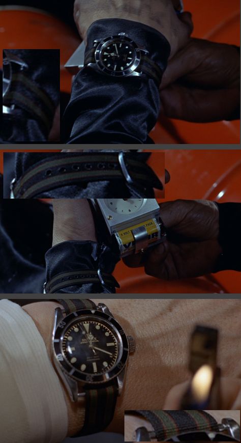 This screen shot shows Sean Connery's Big Crown (no crown guards) Rolex Submariner (Ref. 6538, 38mm case) on a (navy blue, olive and burgundy) regimental nylon strap. Note loose fitting 16mm nylon strap ('not' a NATO) on 20 mm lug width. (Click on photo for larger image.) Photo found here: http://forum.tz-uk.com/showthread.php?124141-where-to-get-bond-NATO-straps James Bond Rolex, James Bond Outfits, Bond Outfits, James Bond Watch, Iconic Watches, Timex Weekender, James Bond Style, Big Crown, Rolex Tudor