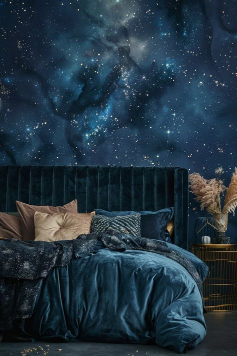 Midnight Blue Walls, Celestial Bedroom, Dark Bedroom Aesthetic, Bedroom Aesthetic Ideas, Celestial Room, Galaxy Bedroom, Witchy Bedroom, Velvet Bedding, Dream Bedroom Inspiration