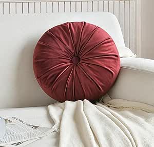 Eoieov Round Throw Pillow 13.78 Inch Decorative Round Velvet Pillows with Pleated Button Circle Shape Throw Pillow Cushion for Living Room Couch Bed,Burgundy Blush Throw Pillow, Luxury Feeling, Round Throw Pillow, Large Floor Cushions, Pillow For Couch, Soft Throw Pillows, Round Throw Pillows, Living Room Couch, Dark Coffee