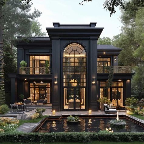 Black Houses Modern, Art Deco Exterior Home, All Black House Exterior, Exterior Color Combinations, Black Houses, Classic House Exterior, French Style Homes, Dream Life House, Casa Country