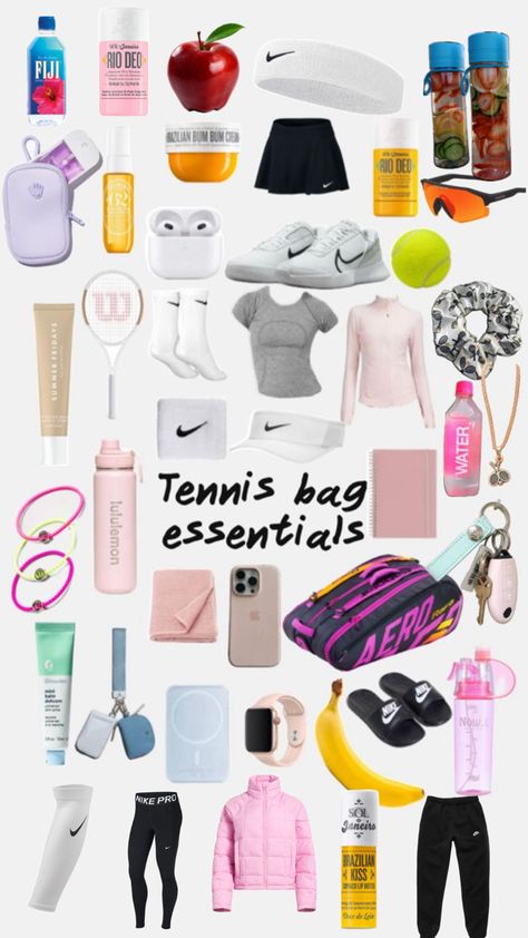 What To Put In Tennis Bag, Tennis Bag Essentials List, Tennis Bag Essentials, Sports Bag Essentials, Tennis Essentials, Tennis Things, Mode Tennis, Tennis Lifestyle, Badminton Bag