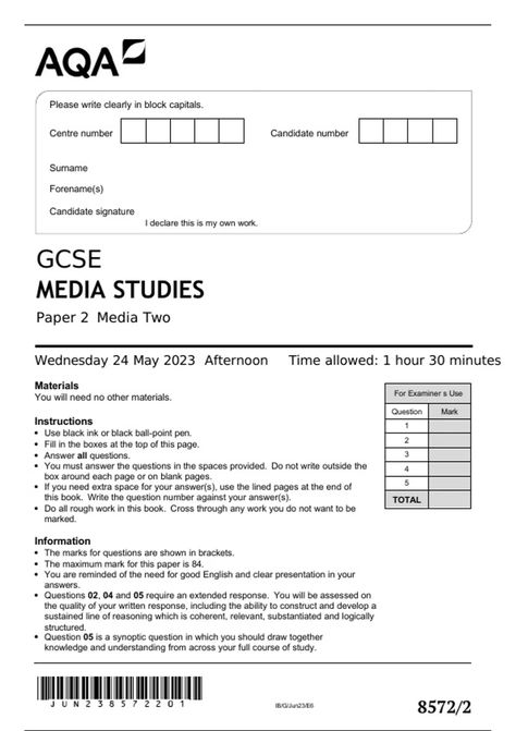 aqa-gcse-media-studies-paper-2-media-two-wednesday-24-may-2023 Media Studies Gcse, Media Studies, Practice Exam, May 2023, Question Mark, Mood Board, Writing, Media, Collage