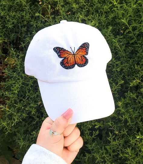 #embroidered butterfly on a white #cap ✨ Cap Painting Ideas, Cap Painting, Hand Embroidered Butterfly, Denim Jacket Diy Paint, Butterfly Hat, English Embroidery, How To Make Magic, Embroidery Hat, Cap Embroidery