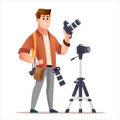 Character of professional photographer holding camera with tripod Male Photographer, Camera Illustration, About Character, Poster Design Inspiration, Vector Character, Vector Photo, Indian Art, Professional Photographer, Tripod