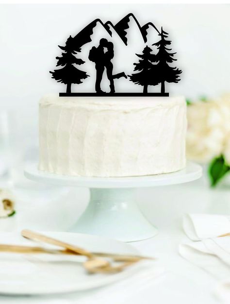 Camping Cake Topper, Wood Wedding Cake, Bride Groom Cake Topper, Mountain Wedding Cake, Wood Cake Topper Wedding, Wood Wedding Cakes, Hiking Couple, Camping Cakes, Outdoor Bride