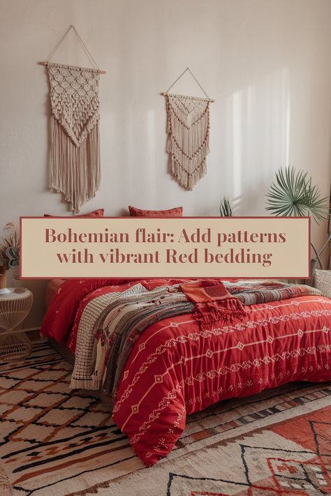 An eclectic bedroom with vibrant red bedding featuring intricate patterns, complemented by layered textures and bohemian decor. Red Bedding Ideas, Bedding Ideas, Patterned Bedding, Red Bedding, Bedroom Red, Room Ambiance, Red Rooms, Boho Room, Bohemian Bedroom