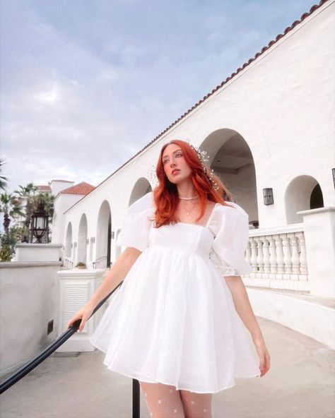 Short White Dress With Puffy Sleeves, Selkie White Dress, White Selkie Dress, White Poofy Dress, Puffy White Dress, Puppycat Cosplay, White Puffy Dress, White Dress Aesthetic, Pastel Feed