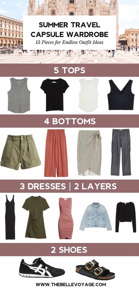 Summer Travel Capsule Wardrobe, Summer Travel Capsule, Travel Capsule Wardrobe Summer, Holiday Capsule Wardrobe, Capsule Wardrobe Women, Europe Travel Outfits, Chic Wardrobe, Travel Capsule, Europe Outfits