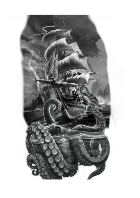 Ship And Kraken Tattoo Design, Cracken Octopus Ship Tattoo, Kracken And Ship Tattoo, Skull Kraken Tattoo Design, Nautical Back Tattoo Men, Kracken Tattoo Design, Kraken Tattoo Design Drawings, Pirate Ship Kraken Tattoo, Shipwreck Tattoo Sleeve