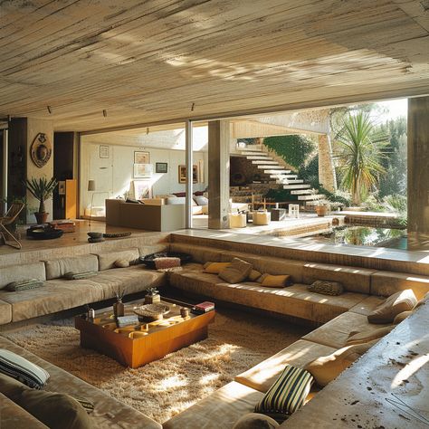 Sunken Living Room AKA Conversation Pits: What Are They And Where Are They Now? — Living Bright Interiors Room 70s Style, Sunken Sofa, Nature Houses, Sofa Area, Casa Interior, 70s House, Sunken Living Room, Stunning Interior Design, Casa Exterior