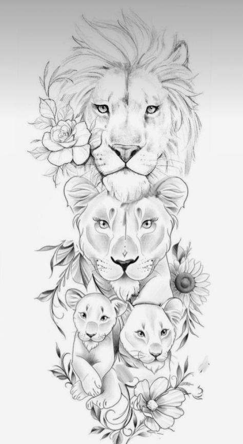 Lioness Cubs Tattoo, Lion And Flower Tattoo, Lioness And Cub Tattoo, Lioness And Cubs, Cubs Tattoo, Mommy Tattoos, Lion, Tattoos, Art