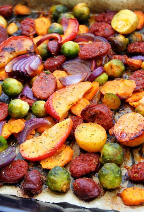 Sheet Pan Sausage, Apples and Roasted Vegetables Sheet Pan Sausage, Pan Sausage, Field Roast, Roasted Apples, Sage Sausage, Apple Sausage, Vegetarian Thanksgiving, Roasted Root Vegetables, Vegetable Casserole