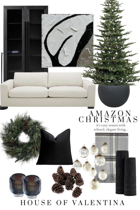 Beige And Black Christmas Decor, Christmas Decorations Black, Black White And Leather Christmas Tree, Restoration Hardware Christmas, Black Couch Christmas Decor, Black Walls Christmas Decor, Black Christmas Tree Decor, House Of Valentina Christmas, Cb2 Holiday Decor