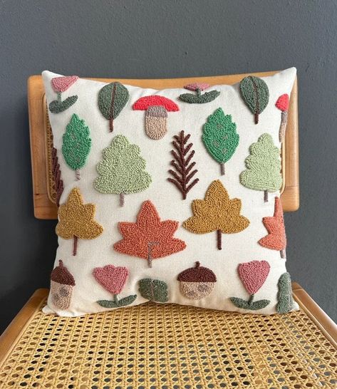 Leaf Punch Needle, Fall Punch Needle Patterns, Punch Needle Fall Patterns, Autumn Punch Needle, Punch Needle Fall Pillow, Autumn Pillows, Autumn Punch, Punch Pillow, Punch Embroidery