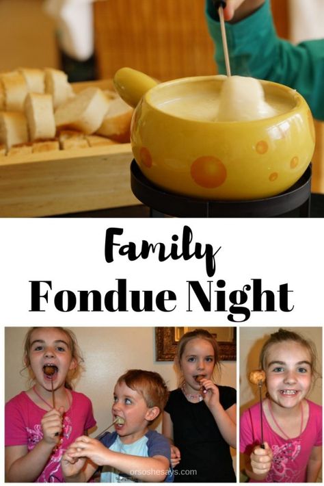 Get creative with a family fondue night - use more than just melted cheese! www.orsoshesays.com #fondue #familynight #familyfonduenight Family Fun Night Ideas Kids, Fondue Ideas, Easy Fondue, Fondue Dinner, Fondue Night, Fondue Recipe, Fondue Party, Dinner Games, Fondue Recipes