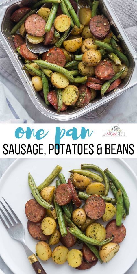 This One Pan Sausage, Potatoes and Green Beans is an easy dinner idea with just 5 minutes prep time! Just toss and bake and dinner is ready! #onepan #sheetpan #onepot #dinner #recipe | sheet pan dinner | sheet pan meal | one pan dinner | one pot dinner | one pot recipe Sausage Potatoes And Green Beans Sheet Pan, One Sheet Pan Meals Kielbasa, What To Do With Sausage, Cheap Sheet Pan Dinners, Sausage Meal Prep, Sausage Potatoes And Green Beans, Sausage Potatoes Green Beans, One Pan Sausage, Pan Sausage